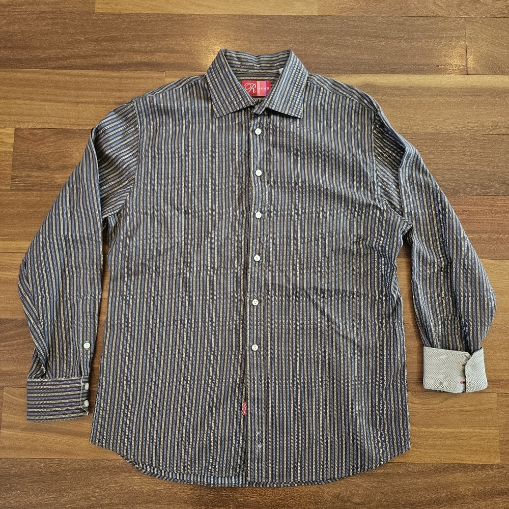 Rufus Dress Shirt Men's XL Brown  Blue Striped Button Up Cotton USA Mens XL